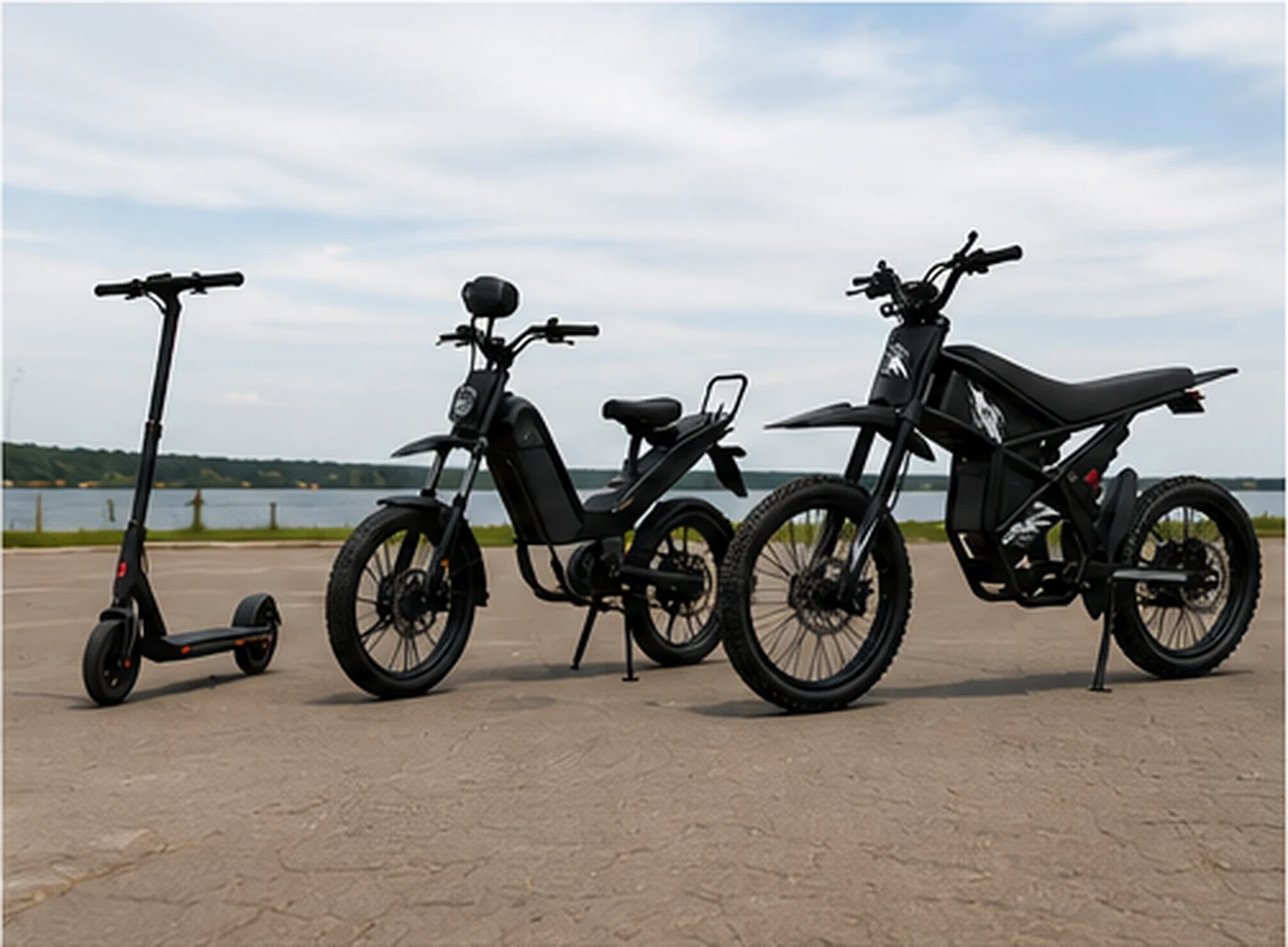 Skirtingų kategorijų elektrinės transporto priemonės – paspirtukas, elektrinis dviratis ir off-road motociklas